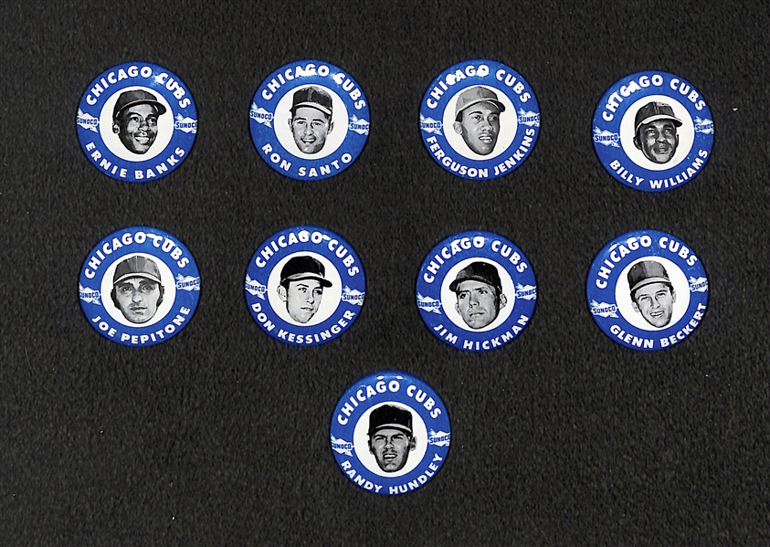 RARE 1969 Sunoco Chicago Cubs Pin Set (9) Inc. Banks, Santo, F. Jenkins, B. Williams