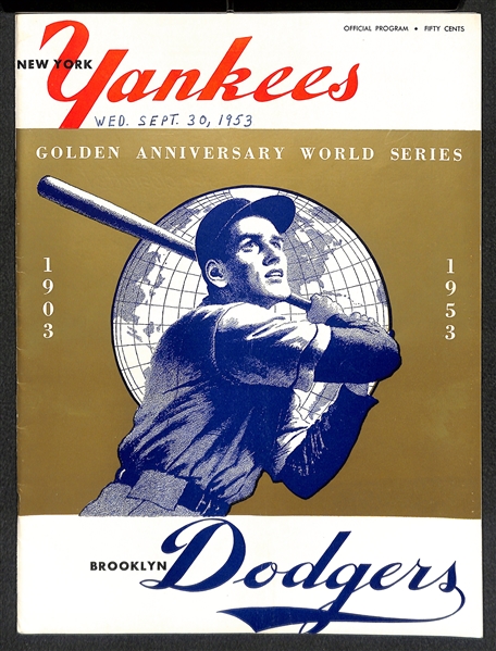 Unscored 1953 World Series Official Program (Yankees vs. Dodgers) - G-VG w/ Date Written on Cover (Mickey Mantle and Jackie Robinson)