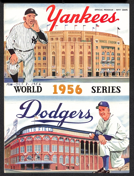 Unscored 1956 World Series Official Program (Yankees vs. Dodgers) - G-VG w/ Date Written on Cover (Mickey Mantle and Jackie Robinson)