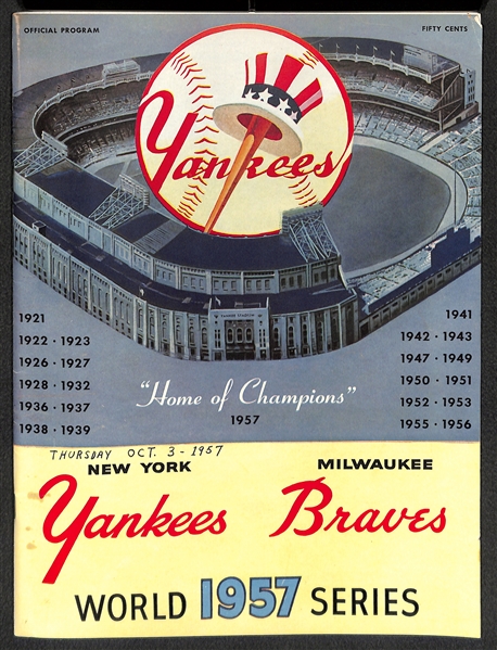 Unscored 1957 World Series Official Program (Yankees vs. Braves) - G-VG w/ Date Written on Cover (Mickey Mantle and Hank Aaron)