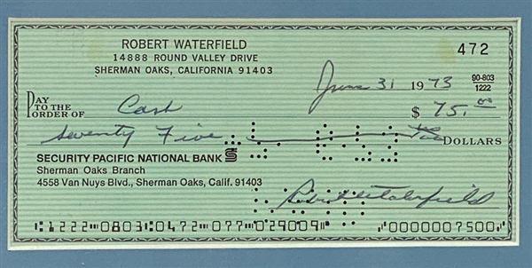 Bob Waterfield Signed Check Matted/Framed With Photo - JSA Auction Letter