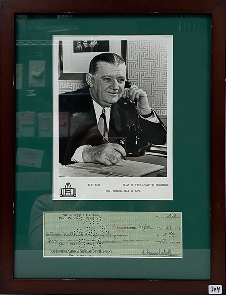 Bert Bell Signed Check Matted/Framed With Photo - JSA Auction Letter