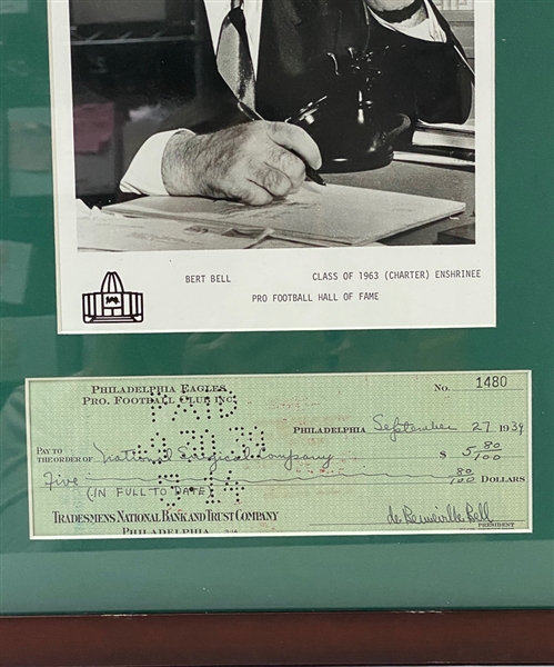 Bert Bell Signed Check Matted/Framed With Photo - JSA Auction Letter