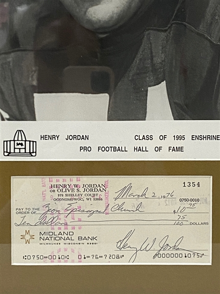 Henry Jordan Signed Check Matted/Framed With Photo - JSA Auction Letter