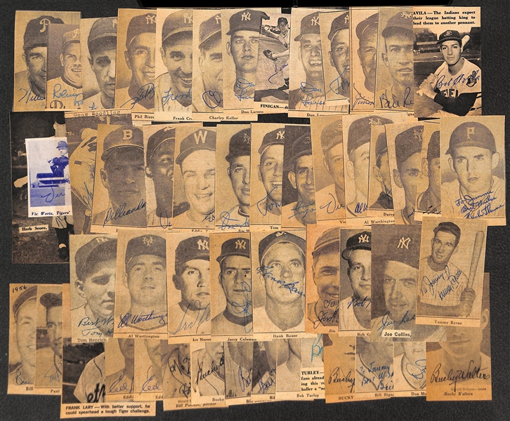 Lot of (51) Signed Newspaper Clippings - Includes Joe Collins, (2) Frank Crosetti, Charley Keller, P. Rizzuto, R. Roberts, Willie Jones, J. Dykes, and more - JSA Auction Letter