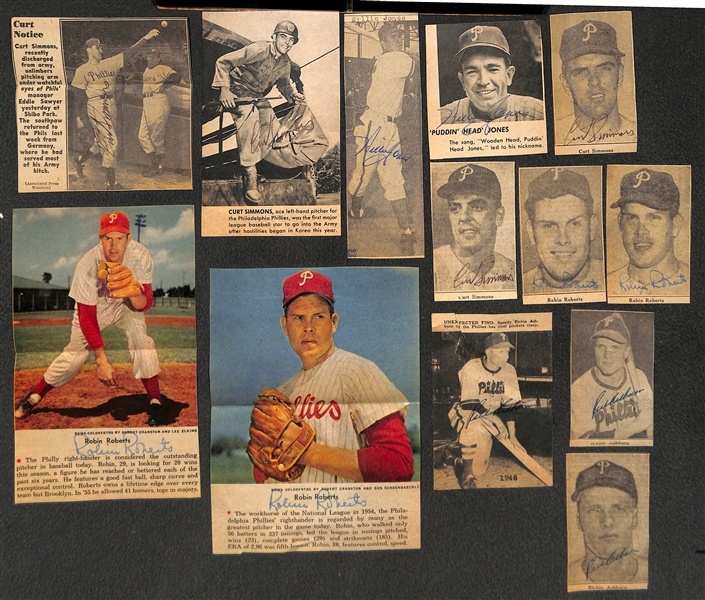 Lot of (16) Phillies Signed Newspaper Clippings inc. (6) Ashburn, (4) Roberts, (2) W. Jones, and (4) C. Simmons - JSA Auction Letter