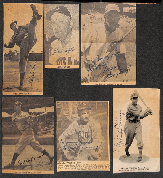 Lot of (13) Signed Newpaper Clippings - Includes (2) Ernie Lombardi, H. Craft, (2) T. Cuccinello, (2) Johnny Cooney, (2) Jim Turner, (2) Whit Wyatt, J. Dykes, Frank McCormick - JSA Auction Letter