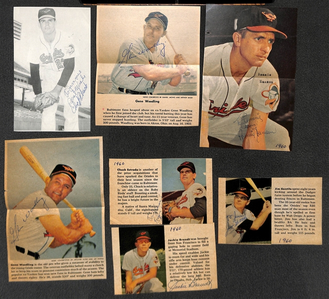 Lot of (17) Orioles Signed photo Cards & Newspaper Clippings inc. B. Robinson, J. Gentile, G. Woodling, H. Wilhelm, R. Hansen, J. Brandt, C Estrada, P. Richards, Papas, R Snyder, J. Fisher - JSA...