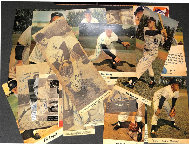 Lot of (26) Signed NY Yankees Clippings Inc. (2) Frank Crosetti, (3) Charley Keller, (3) Joe Collins, Tommy Byrnes, T. Henrich, (3) Don Larsen, (2) Elston Howard - JSA Auction Letter
