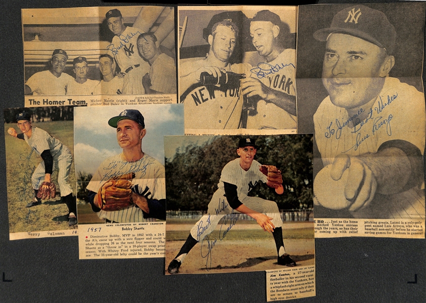 Lot of (28) Signed NY Yankees Clippings Inc. (2) Phil Rizzuto, T. Morgan, (2) Bobby Richardson, T. Henrich, Don Larsen, Bauer - JSA Auction Letter