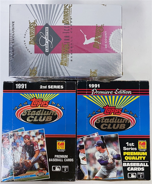 Lot of (3) Baseball Hobby Boxes - (2) 1991 Topps Stadium Club Baseball Wax Boxes + (1) 1994 Leaf Limited Baseball Sealed Hobby Box