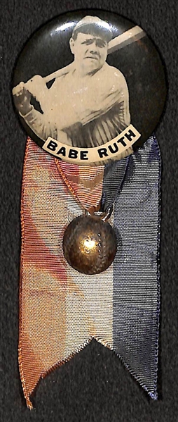 Original 1940s Babe Ruth PM10 Pin (1.75) w/ Ribbon and Baseball