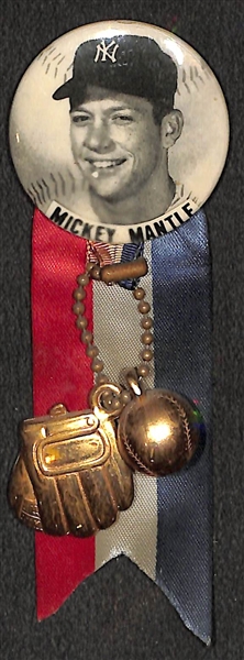 Original 1950s Mickey Mantle PM10 Pin (1-5/8) w/ Ribbon and Toy Glove and Baseball