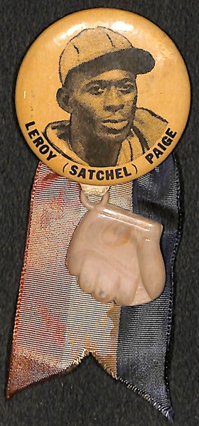 Original 1950s Leroy Satchel Paige PM10 Pin (1.75) w/ Ribbon and Toy Glove