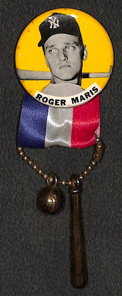 Original 1950s Roger Maris Yellow PM10 Pin (1-5/8) w/ Ribbon and Toy Bat and Ball