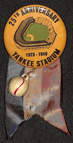 RARE 1948 25th Anniversary Yankee Stadium Pin w/ Ribbon and Toy Baseball