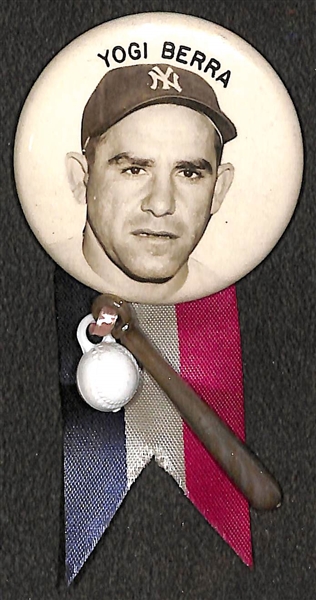 Original 1950s Yogi Berra Large PM10 Pin (2) w/ Ribbon and Toy Bat and Ball (Rare Name on Top)