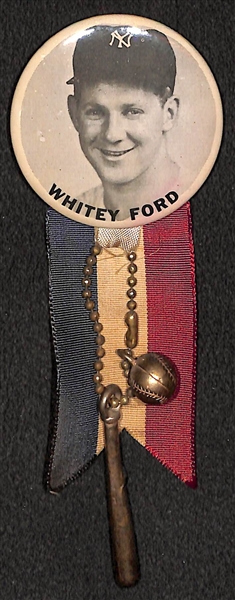 Original 1950s Whitey Ford Large PM10 Pin (2) w/ Ribbon and Toy Bat and Ball 