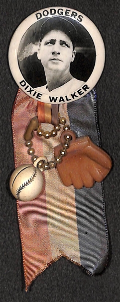 Original 1940s Dixie Walker (Brooklyn Dodgers) PM10 Pin (1-5/8) w/ Ribbon and Toy Glove and Ball 