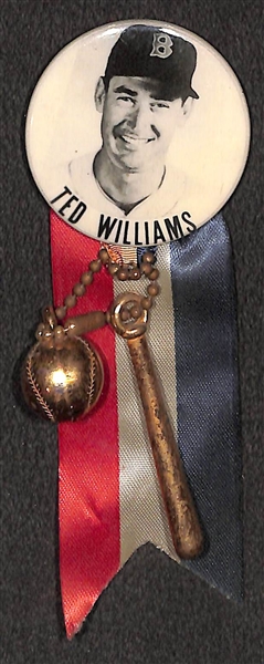 Lot of (2) 1950s Ted Williams PM10 Pins w/ Ribbons and Charms