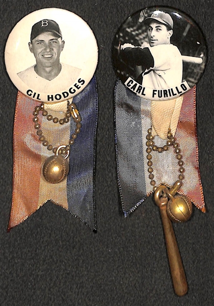 Lot of (2) 1950s PM10 Brooklyn Dodgers Stadium Pins (Gil Hodges & Carl Furillo) w/ Ribbons and Charms
