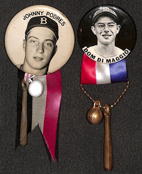 Lot of (2) 1950s PM10 Brooklyn Dodgers Stadium Pins (Johnny Podres and Dom DiMaggio) w/ Ribbons and Charms