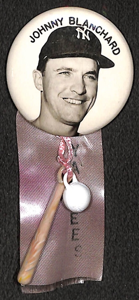 Rare Original 1950s Johnny Blanchard (Yankees) Large PM10 Stadium Pin (2) w/ Ribbon & Charms  (Name on Top)