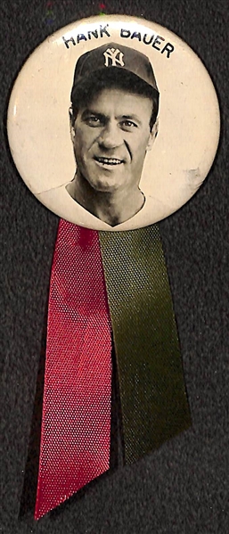 Rare Original 1950s Hank Bauer (Yankees) Large PM10 Stadium Pin (2) w/ Ribbon  (Name on Top)
