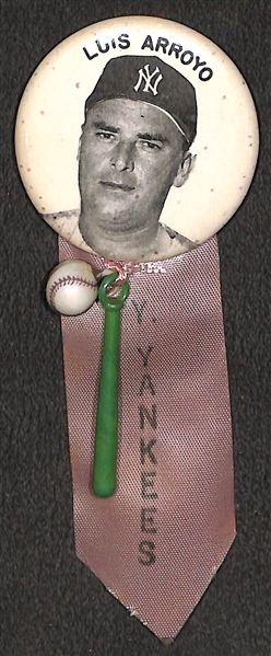 Rare Original 1950s Luis Arroyo (Yankees) Large PM10 Stadium Pin (2) w/ Ribbon & Charms  (Name on Top)