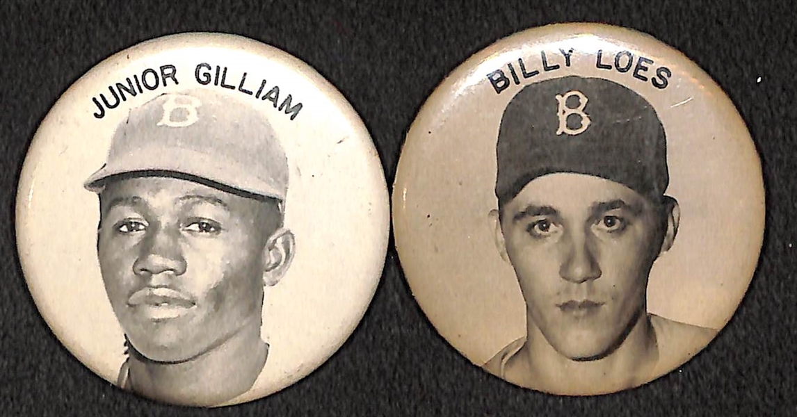 Lot of (2) 1950s PM10 Brooklyn Dodgers Stadium Pins (Junior Gilliam, Billy Loes) - Missing Pin Backs