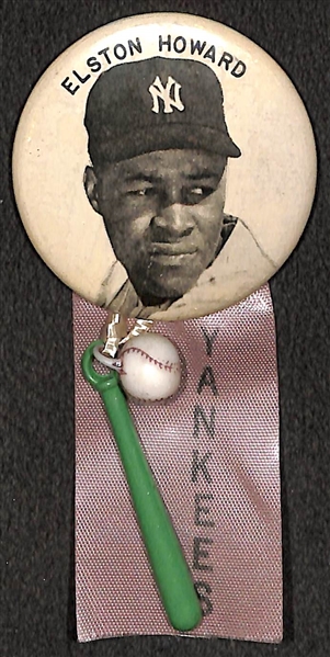 Rare Original 1950s Elston Howard (Yankees) Large PM10 Stadium Pin (2) w/ Ribbon & Charms (Scarce Name on Top)