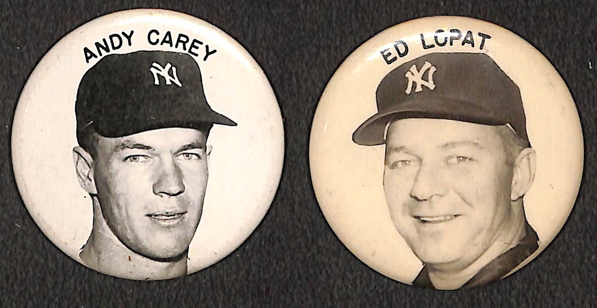 Lot of (2) 1950s PM10 NY Yankees Stadium Pins (Andy Carey, Ed Lopat) - Missing Pin Backs