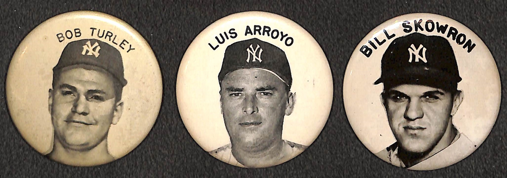 Lot of (3) 1950s PM10 NY Yankees Stadium Pins (Bob Turley, Luis Arroyo, Moose Skowron) - Missing Pin Backs
