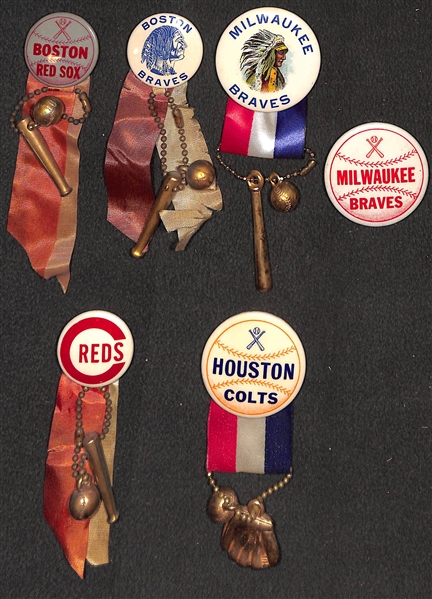 Lot of (6) Baseball Team 1940s-1960s Stadium Pins - Red Sox, Boston Braves, (2) Milwaukee Braves, Reds, Houston Colts
