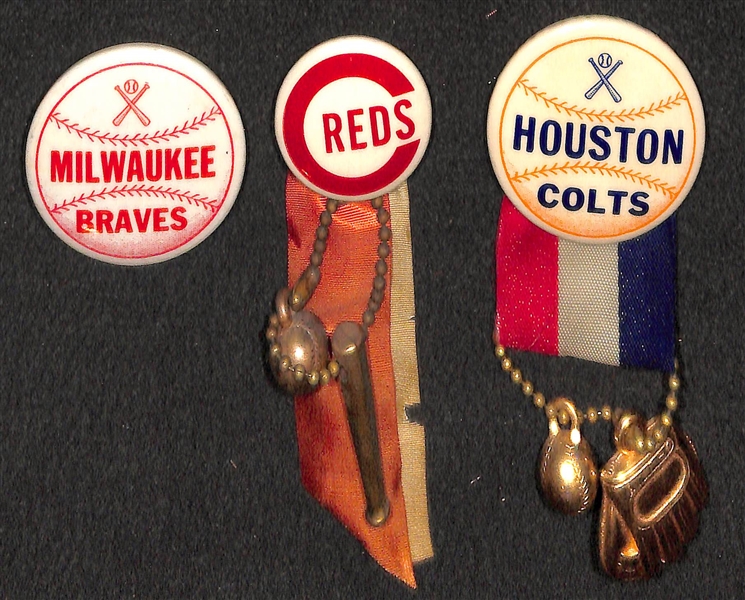 Lot of (6) Baseball Team 1940s-1960s Stadium Pins - Red Sox, Boston Braves, (2) Milwaukee Braves, Reds, Houston Colts