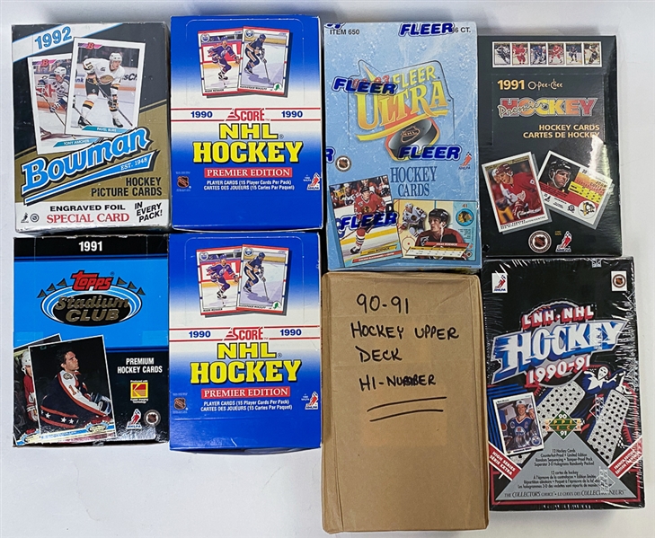 Lot of (8) NHL Hockey Sealed Wax Boxes- 1992-93 Bowman, 1992-93 Fleer Ultra, 1990-91 Upper Deck, 1990-91 Upper Deck High Number, 1991-92 O-Pee-Chee, 1991-92 Topps Stadium Club, 1990-91 Score (2)