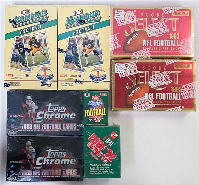 Lot of (8) NFL Football Sealed Boxes- (2) 1999 Topps Chrome Hobby Box, (2) 1993 Bowman Hobby Box, (2) 1993 Select Hobby Box, 1992 Edge Factory Set, 1990 Fleer Update Factory Set