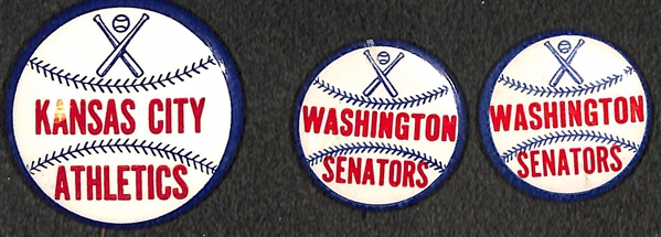 Lot of (9) Baseball Team 1950s-1970s Stadium Pins - KC A's, (2) Wash. Senators, White Sox, KC Royals, Seattle Pilots, Cubs, Expos, Padres