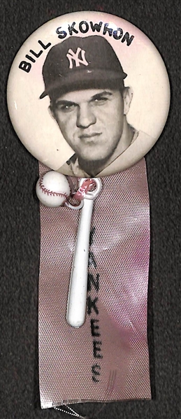 Rare Original 1950s Bill Moose Skowron (Yankees) Large PM10 Stadium Pin (2) w/ Ribbon  (Name on Top)