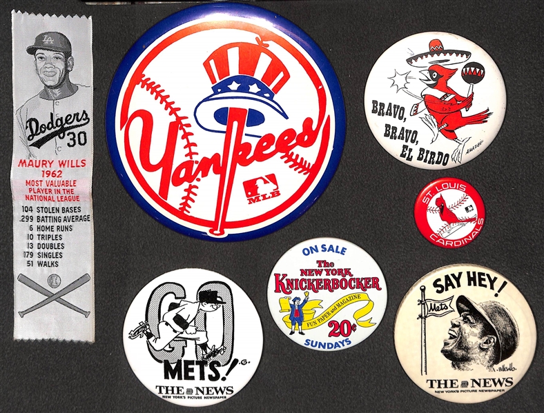 Maury Wills Ribbon and (6) c. 1960s Pins Inc.6 Yankees Pin, 3.5 Cardinals and Mets Pins, and 3.5 Willie Mays Pin