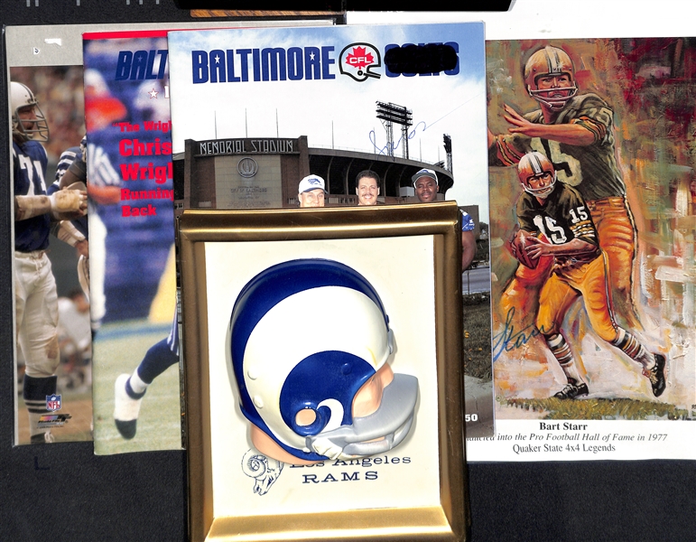 Lot of (5) Signed Football Photos of Bubba Smith, Bart Star + Signed Football Magazines Baltimore CFL Colts, Chris Wright + Los Angeles Rams Plaque - JSA Auction Letter