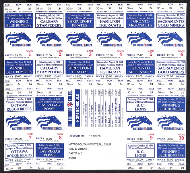 Lot of (25+) Uncut Sheets of 1994 Baltimore CFL Colts (Stallions) Tickets