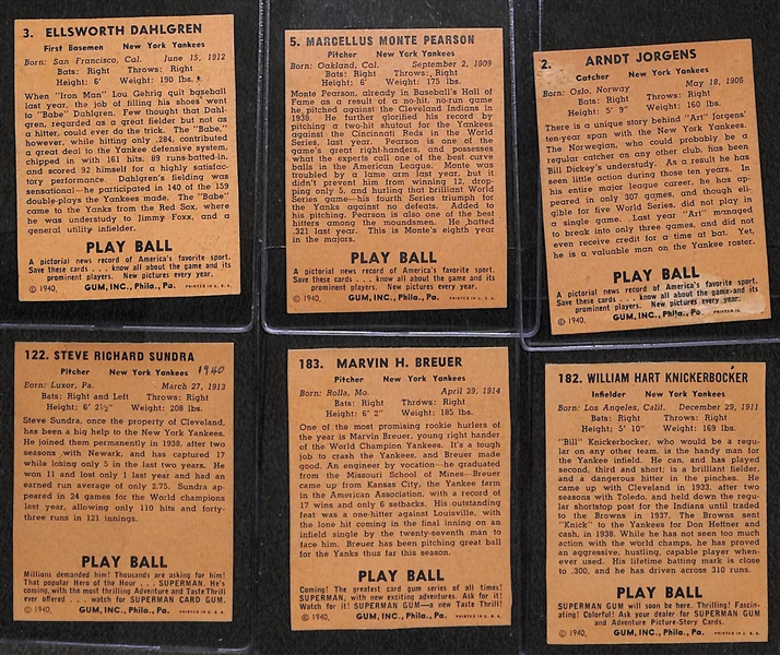 Lot of (6) 1940 Play Ball Signed Yankees Cards (JSA Auction Letter) w/ Babe Dahlgren, Pearson, Jorgens, Sundra, Breuer, Knickerbocker (Cards Are Authentic/Trimmed) - JSA Auction Letter