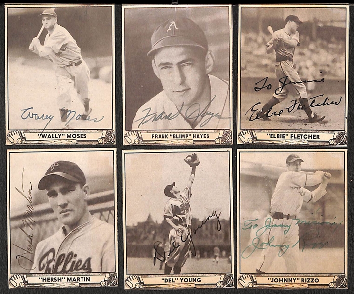 Lot of (6) 1940 Play Ball Signed A's/Phillies/Pirates Cards (JSA Auction Letter) w/ Moses, Frank Hayes - RARE/Died in 1955, Fletcher, Martin, Young, Rizzo (Cards Are Authentic/Trimmed) - JSA...