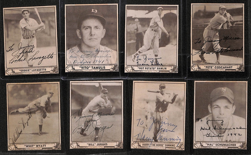 Lot of (8) 1940 Play Ball Signed Dodgers/NY Giants Cards (JSA Auction Letter) w/ Lavagetto, Tamulis, Hamlin, Coscarart, Wyatt, Jurges, Danning, Schumacher (Cards Are Authentic/Trimmed) - JSA...