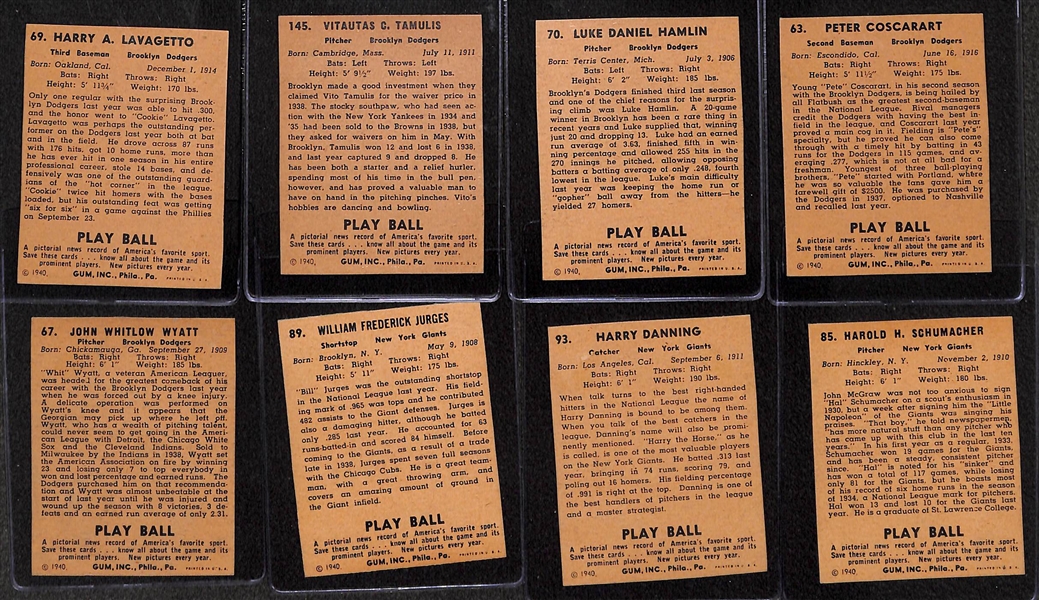 Lot of (8) 1940 Play Ball Signed Dodgers/NY Giants Cards (JSA Auction Letter) w/ Lavagetto, Tamulis, Hamlin, Coscarart, Wyatt, Jurges, Danning, Schumacher (Cards Are Authentic/Trimmed) - JSA...