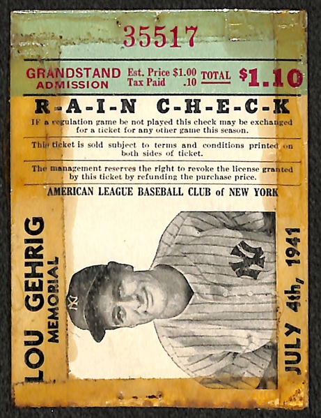 1941 Lou Gehrig Memorial Ticket Stub (July 4, 1941) - Tape on Edges