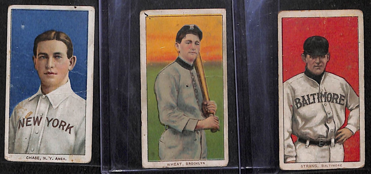 Lot of (3) Polar Bear Back 1909-11 T206 Cards w/ Chase (Blue Portrait, NY Yankees), Zach Wheat (HOF - Brooklyn), Strange (Baltimore)