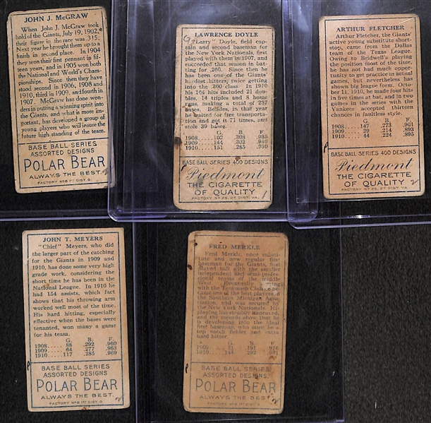 Lot of (5) 1911 T205 Gold Border Cards w/ McGraw (HOF), Doyle, Fletcher, Meyers, Merkle