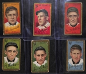 Lot of (6) 1911 T205 Gold Border Cards w/ Crandall (Crossed "t"), Latham (A. Latham on Back), Wiltse (Both Ears), Becker, Schlei, Murray